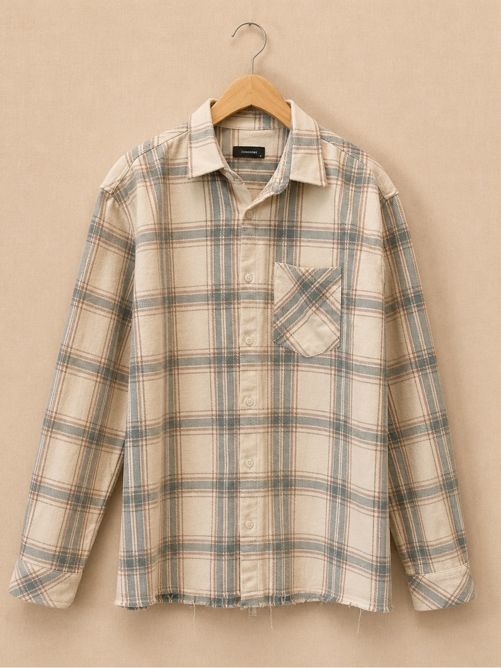 ZANEROBE Plaid Flannel Overshirt Shacket Cream Blue Neutral M